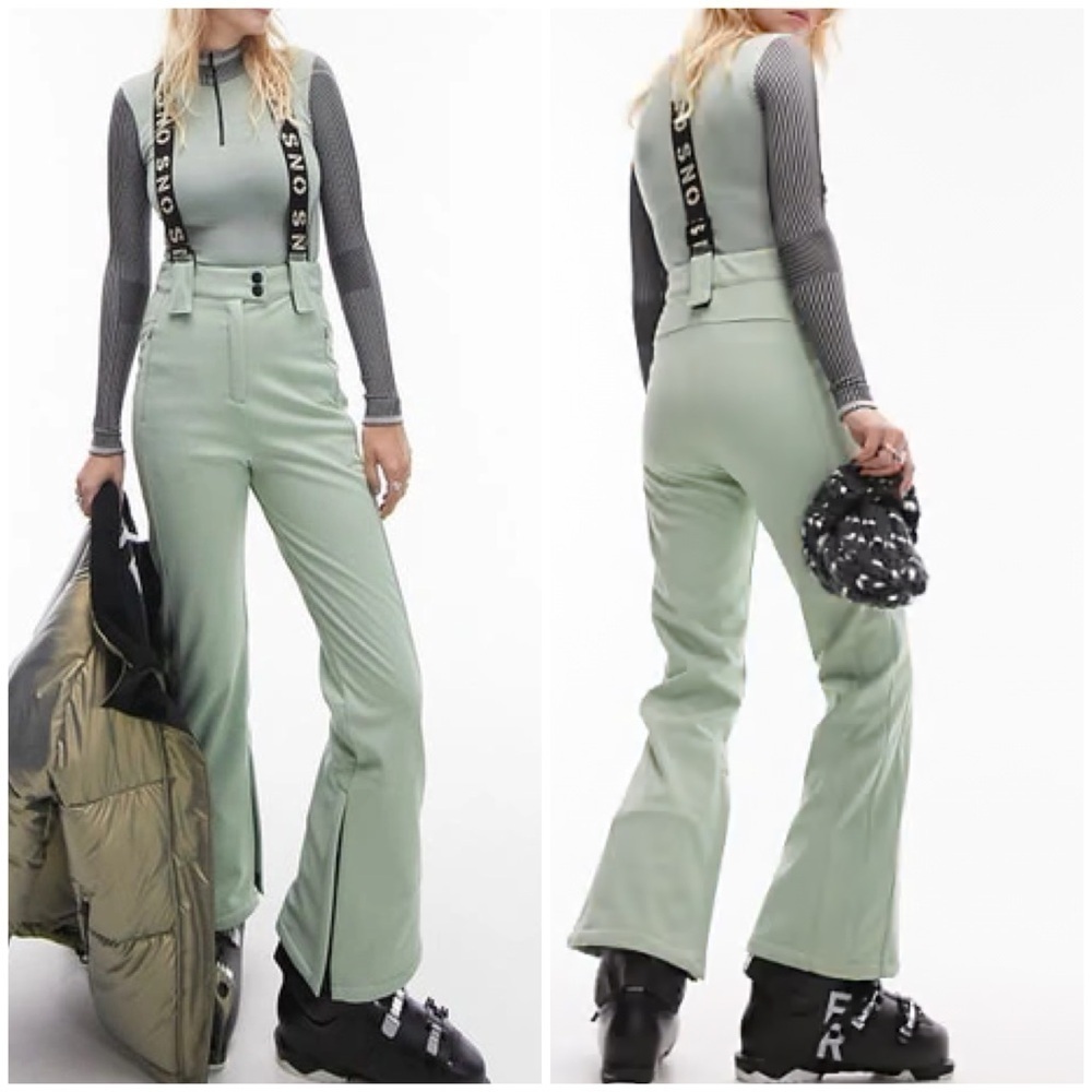 New Topshop Sno Flared Ski Pants with Suspenders Mint Green Nylon Sz 6